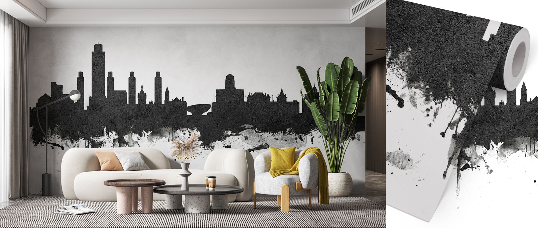 The Albany New York Skyline Black & White Wallpaper conveys modern balance with city silhouettes illustrated in bold tones. Its imagery reflects urban artistry, enriching bedrooms, offices, or shared spaces with stylish decorative charm. 