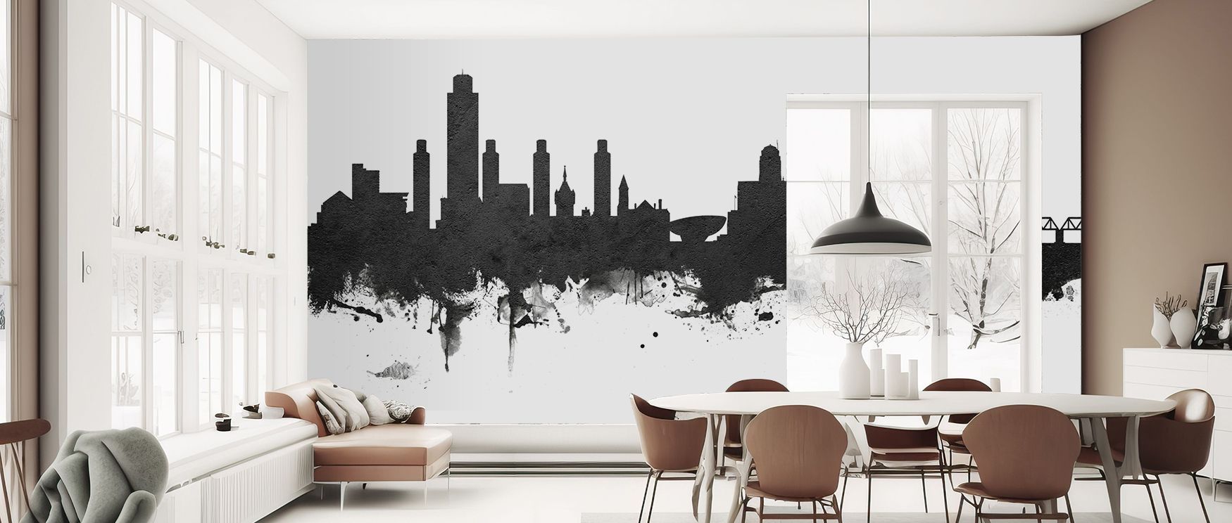 The Albany New York Skyline Black & White Wallpaper emphasizes architectural artistry with expressive contrasts. Its imagery enriches bedrooms, offices, or living spaces with cultural charm and decorative refinement. 