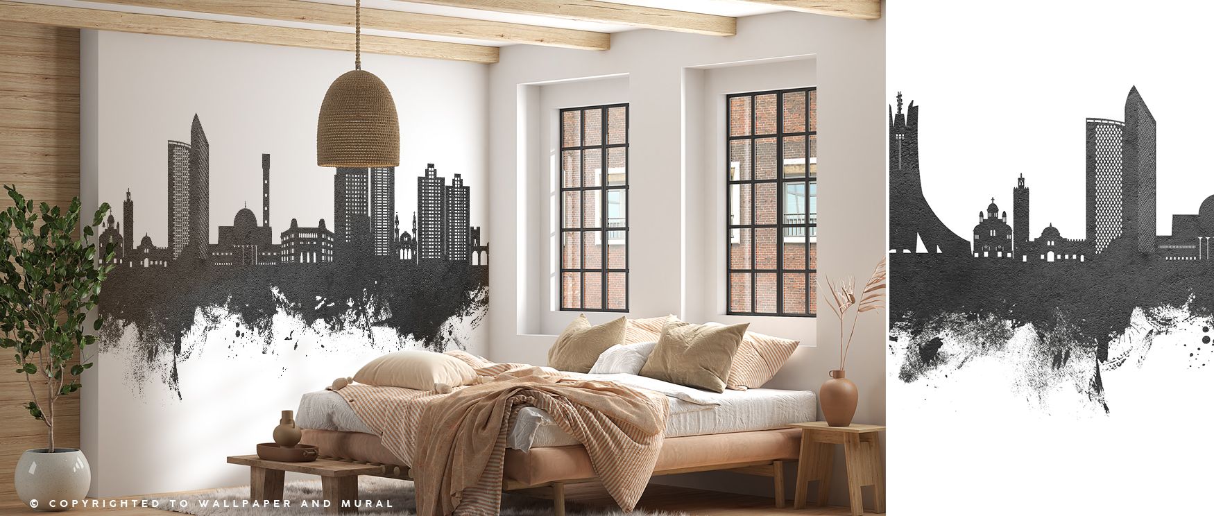 Algiers Algeria Skyline Black & White Wallpaper embodies urban elegance with silhouettes arranged in expressive rhythm. Its design enriches bedrooms, offices, or living rooms with cultural artistry and timeless refinement. 