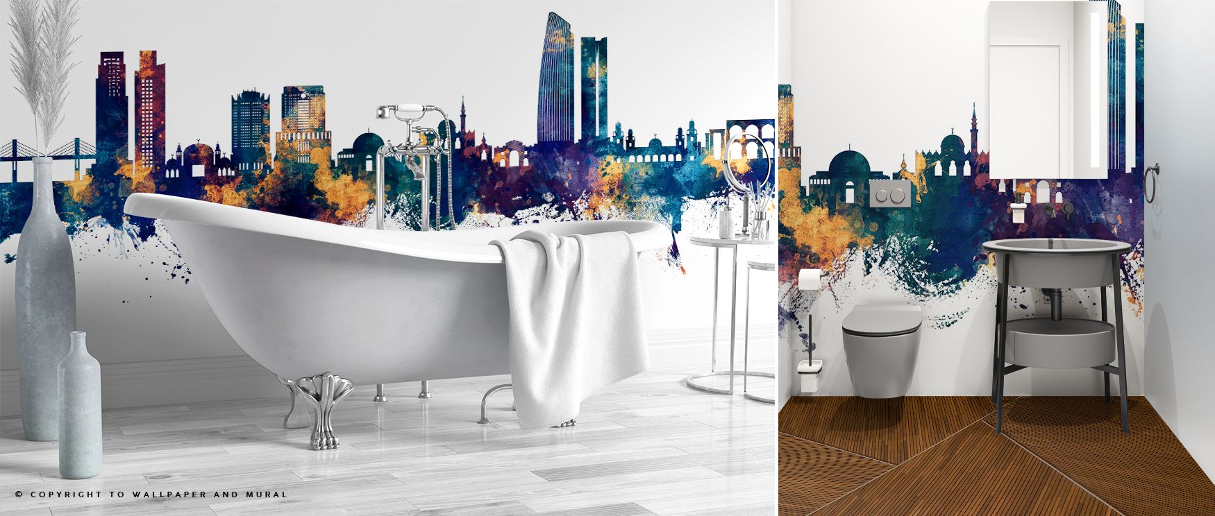 The Amman Skyline Blue & Bronze Wallpaper highlights expressive silhouettes in luminous tones. Its imagery conveys strength and artistry, uplifting bedrooms, offices, or shared interiors with stylish decorative presence. 