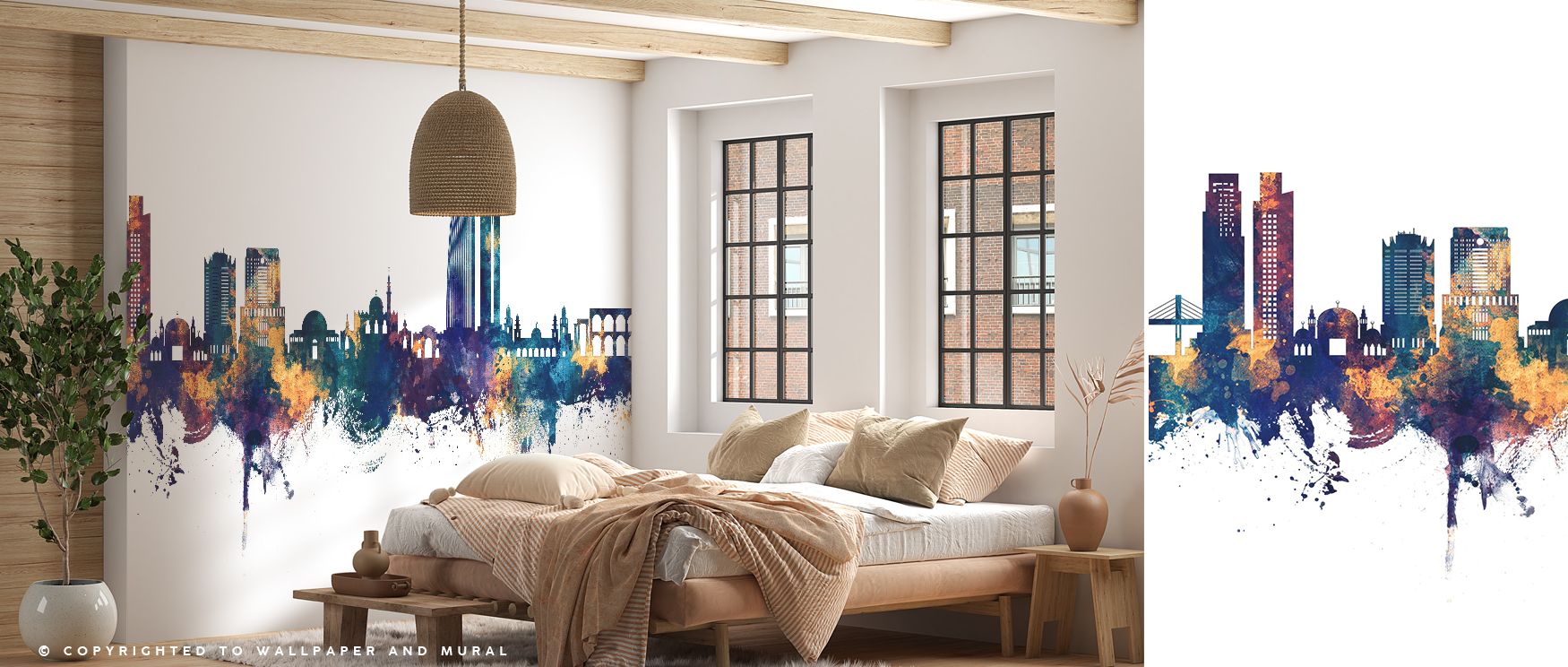 Amman Skyline Blue & Bronze Wallpaper embodies architectural refinement through rhythmic imagery. Its design enriches bedrooms, offices, or living areas with cultural resonance and decorative elegance. 