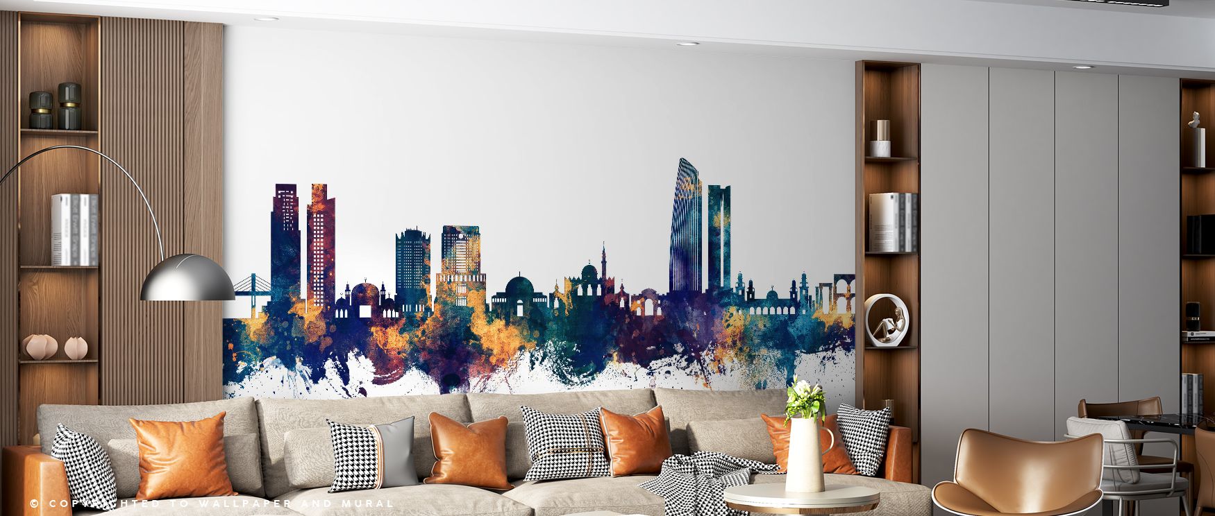 Expressive silhouettes define the Amman Skyline Blue & Bronze Wallpaper, illuminated in contrasting tones. Its imagery conveys refinement, uplifting bedrooms, offices, or shared interiors with decorative artistry and cultural sophistication. 