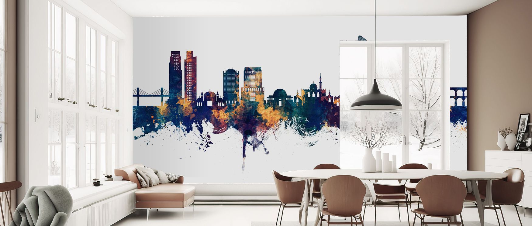 Urban refinement shapes the Amman Skyline Blue & Bronze Wallpaper, with silhouettes presented in bold tones. Its design conveys cultural charm, uplifting bedrooms, offices, or shared interiors with decorative artistry. 