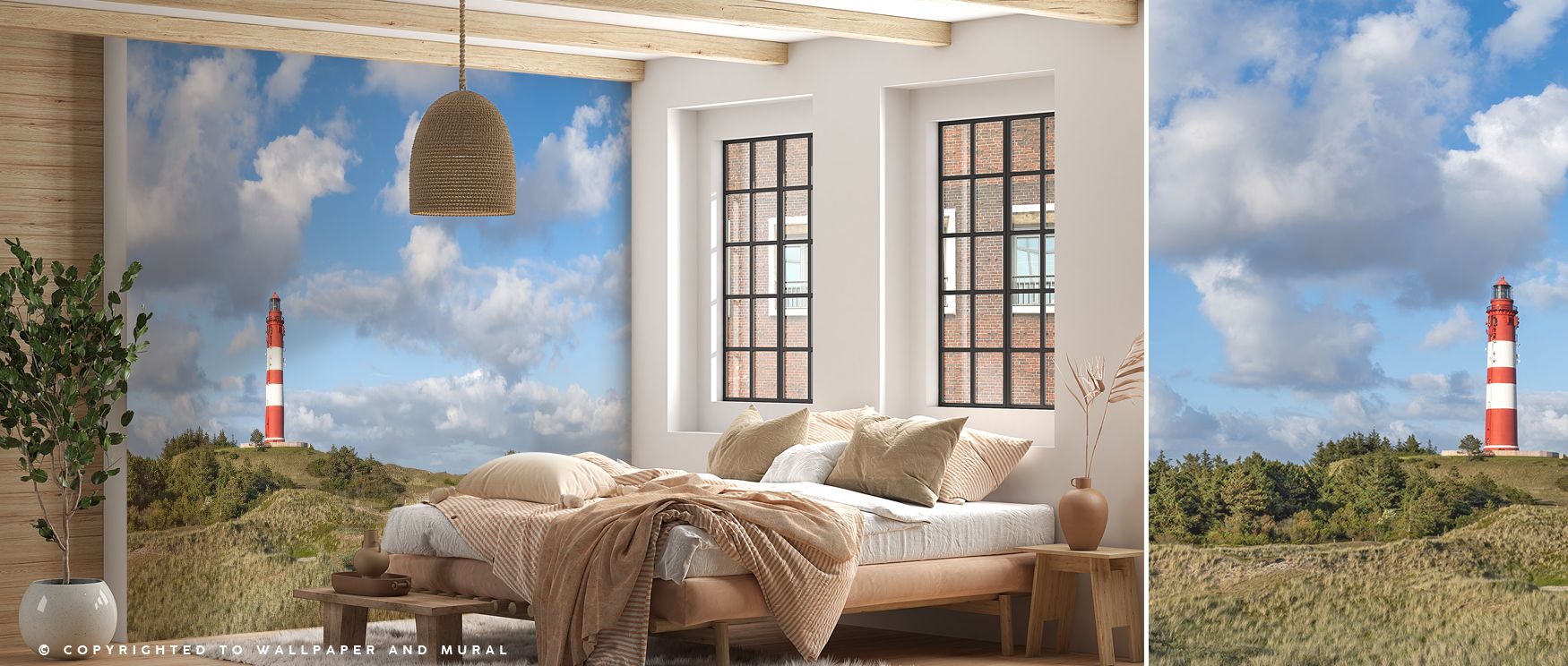 Amrum Lighthouse Wallpaper embodies maritime elegance with lighthouse imagery arranged in refined perspective. Its design enriches bedrooms, offices, or living spaces with decorative charm and coastal sophistication. 