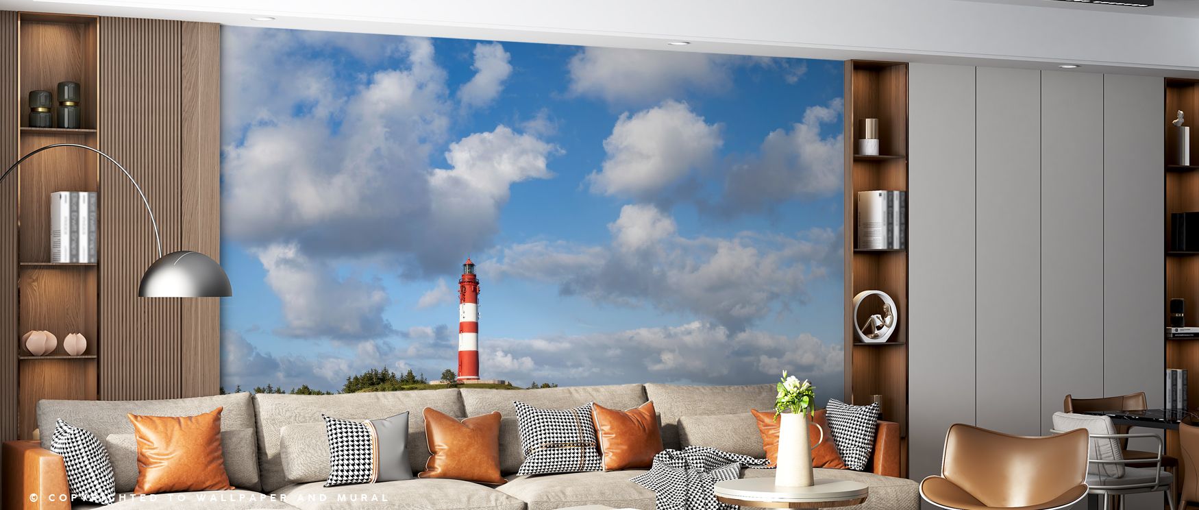 Coastal artistry defines the Amrum Lighthouse Wallpaper, with balanced tones highlighting maritime imagery. Its design conveys calmness, enriching bedrooms, offices, or shared interiors with decorative refinement and nautical inspiration. 