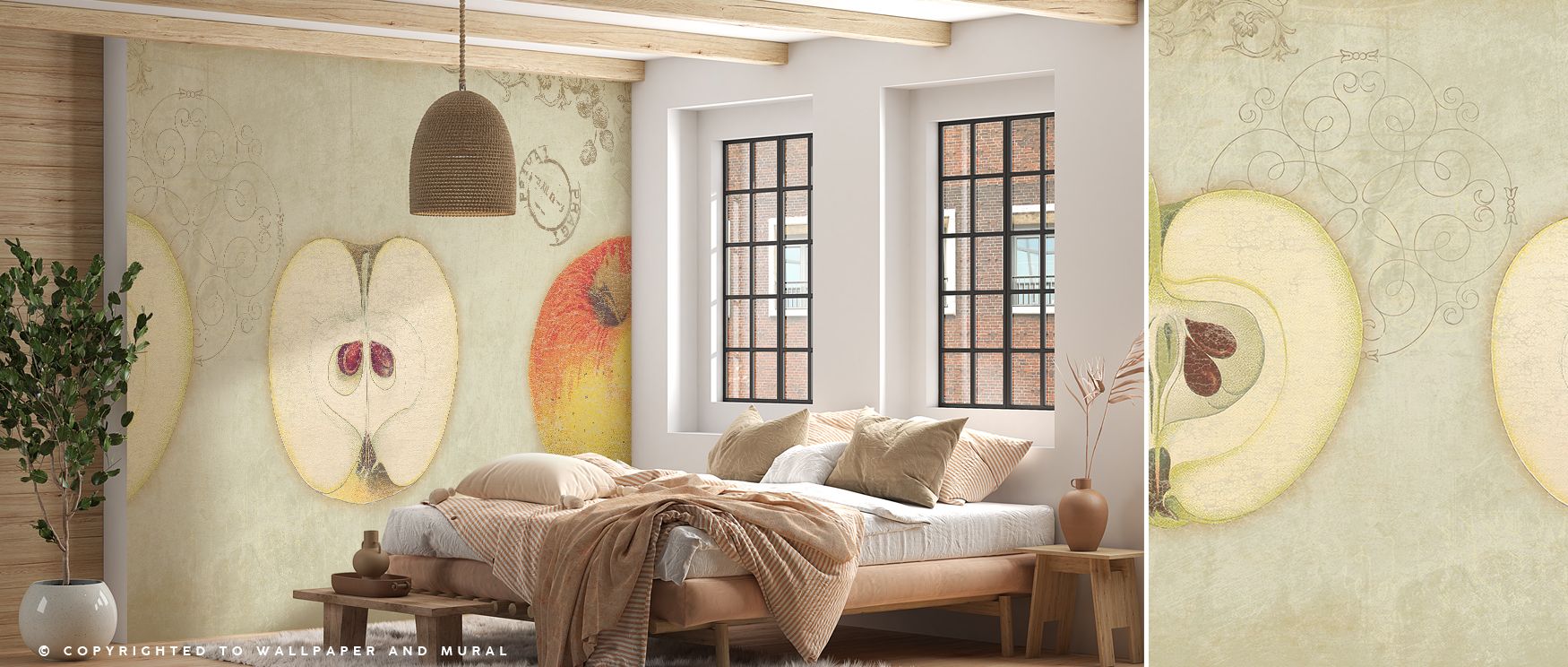 Apple Quartet Wallpaper embodies vibrancy with orchard imagery expressed in balance. Its design conveys freshness, uplifting kitchens, living rooms, or offices with decorative artistry and natural charm. 