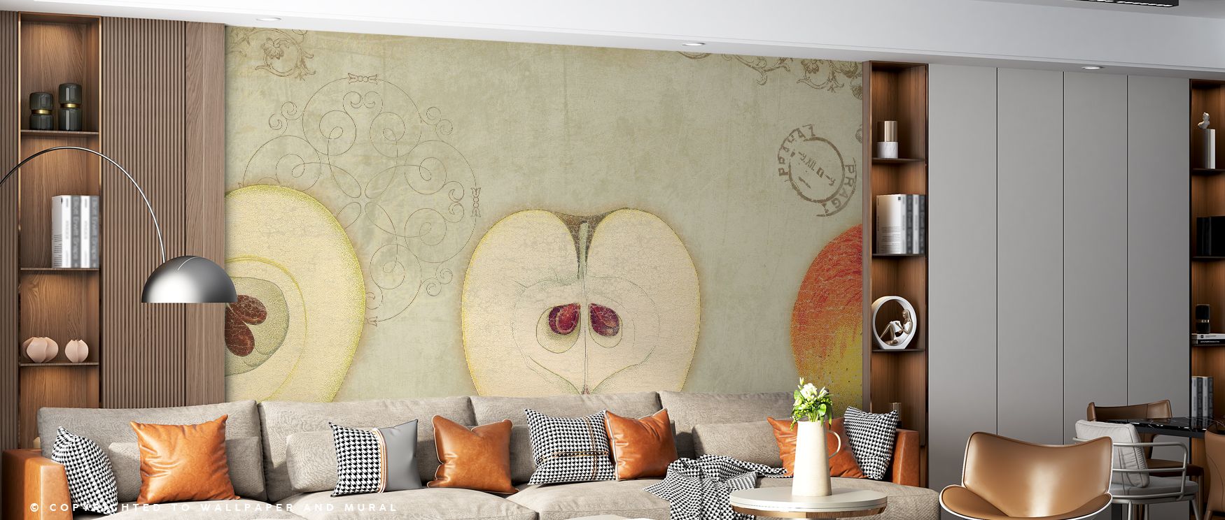Orchard imagery defines the Apple Quartet Wallpaper, highlighting fruit and foliage in refined rhythm. Its design enriches kitchens, living rooms, or shared interiors with decorative vitality and artistic freshness. 