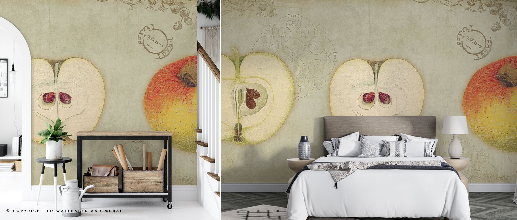 Apple Quartet Wallpaper illustrates natural charm with expressive orchard detail. Its design conveys refinement, uplifting kitchens, offices, or living spaces with decorative artistry and freshness. 