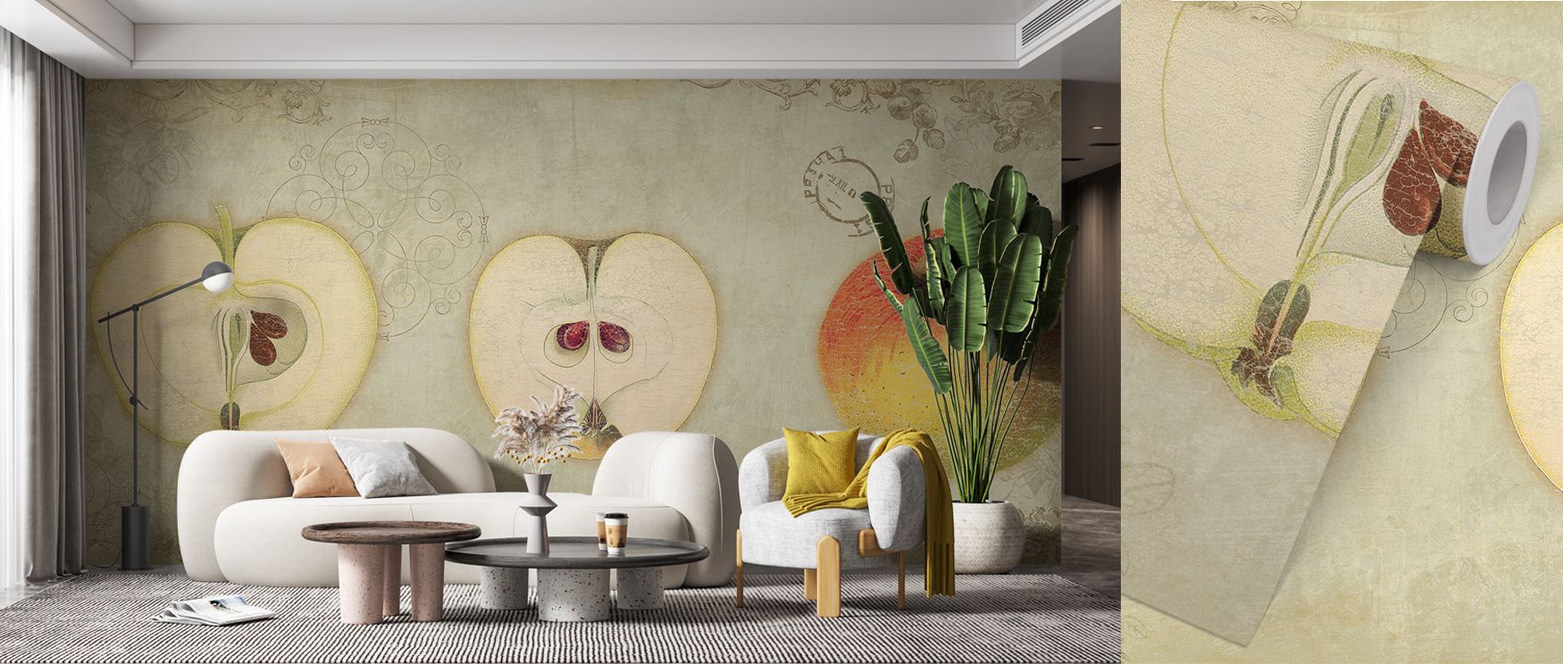 The Apple Quartet Wallpaper emphasizes orchard vitality with fruit-filled branches. Its imagery conveys refinement, enriching kitchens, bedrooms, or shared interiors with decorative charm and natural artistry. 