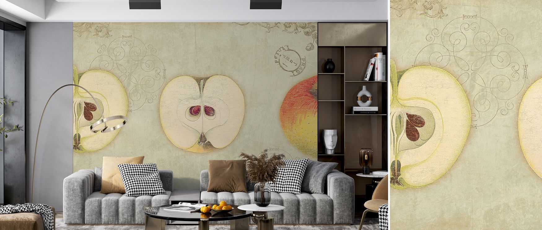Expressive orchard imagery defines the Apple Quartet Wallpaper, presenting fruit-filled branches in rhythm. Its design conveys refinement, enriching kitchens, offices, or shared spaces with decorative artistry. 