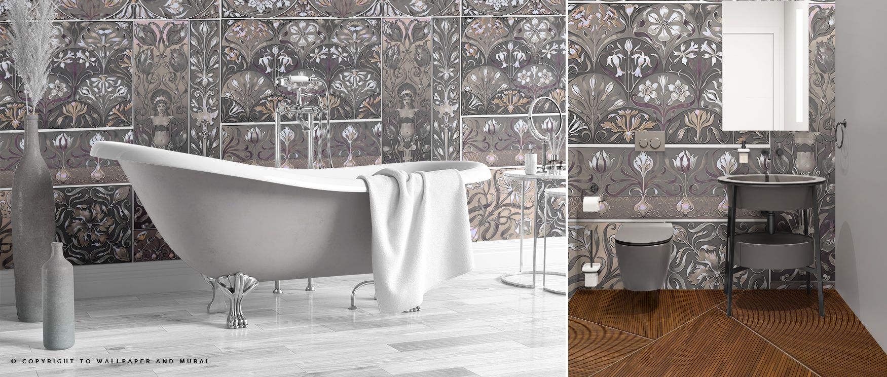 Art Deco Floral Wall Beige Wallpaper embodies elegance with motifs arranged in balance. Its design reflects refinement, uplifting bedrooms, offices, or living rooms with decorative charm and modern artistry. 