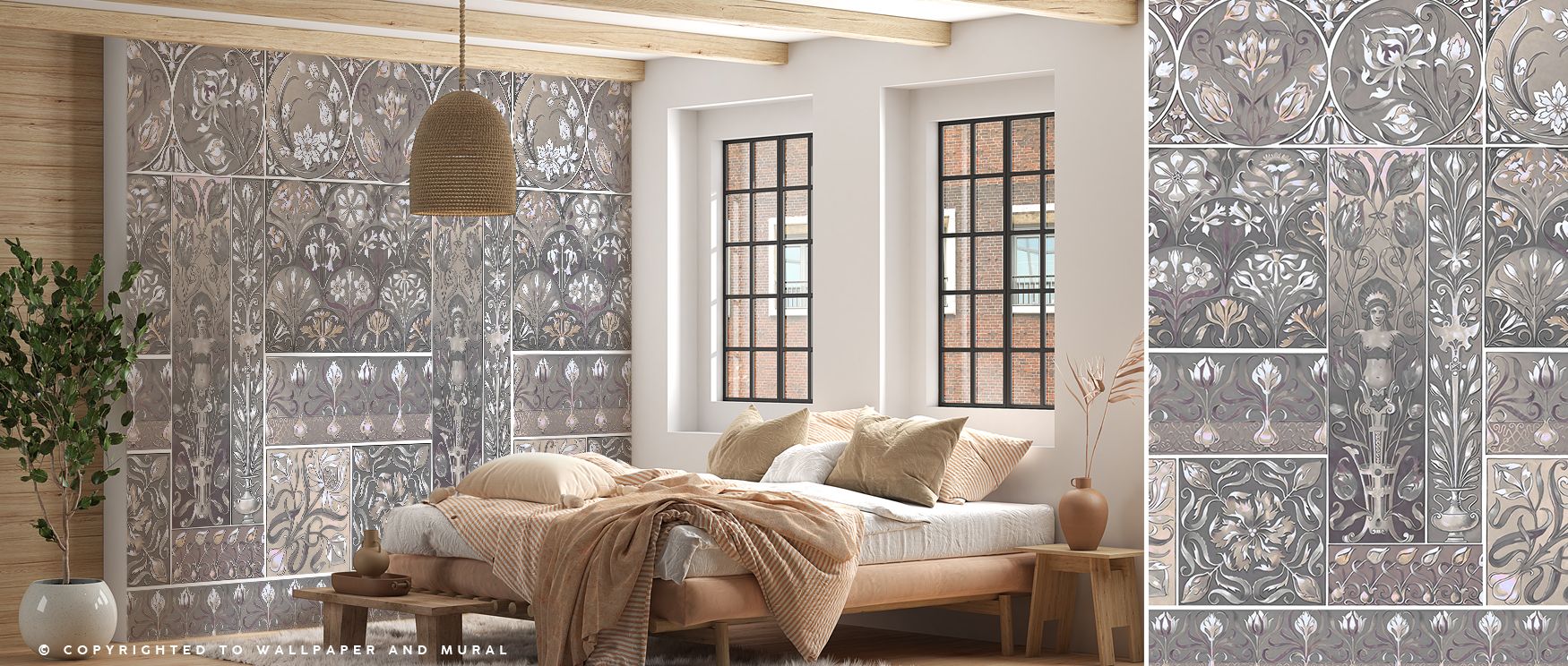 Decorative floral imagery defines the Art Deco Floral Wall Beige Wallpaper, arranged with rhythmic tones. Its design conveys sophistication, enriching bedrooms, offices, or shared spaces with decorative artistry and modern refinement. 