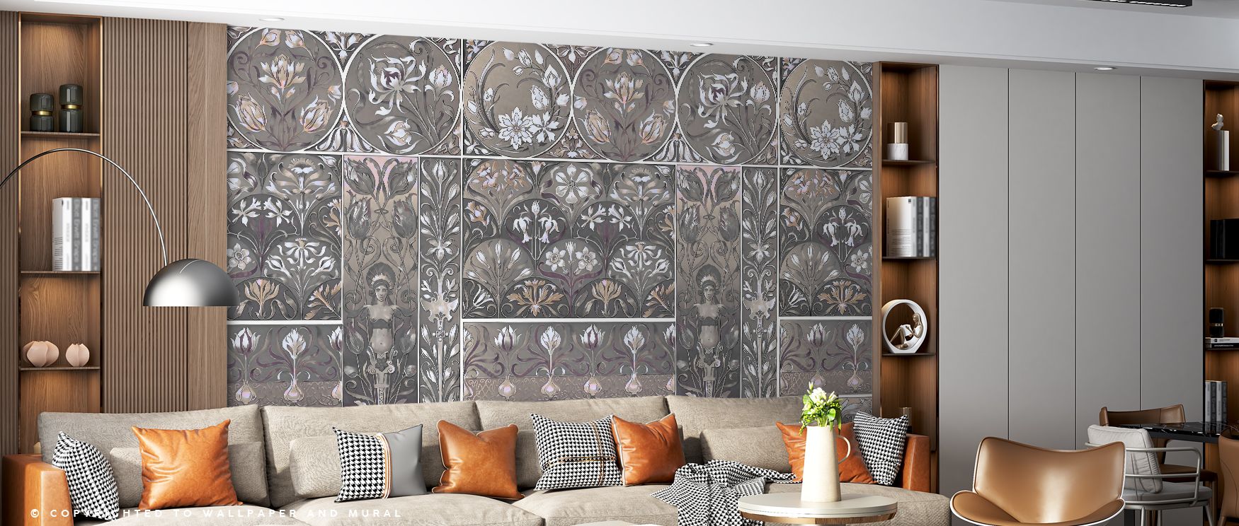 Art Deco Floral Wall Beige Wallpaper illustrates timeless artistry through floral imagery presented in balance. Its design conveys refinement, enriching bedrooms, offices, or living areas with decorative charm and stylish resonance. 