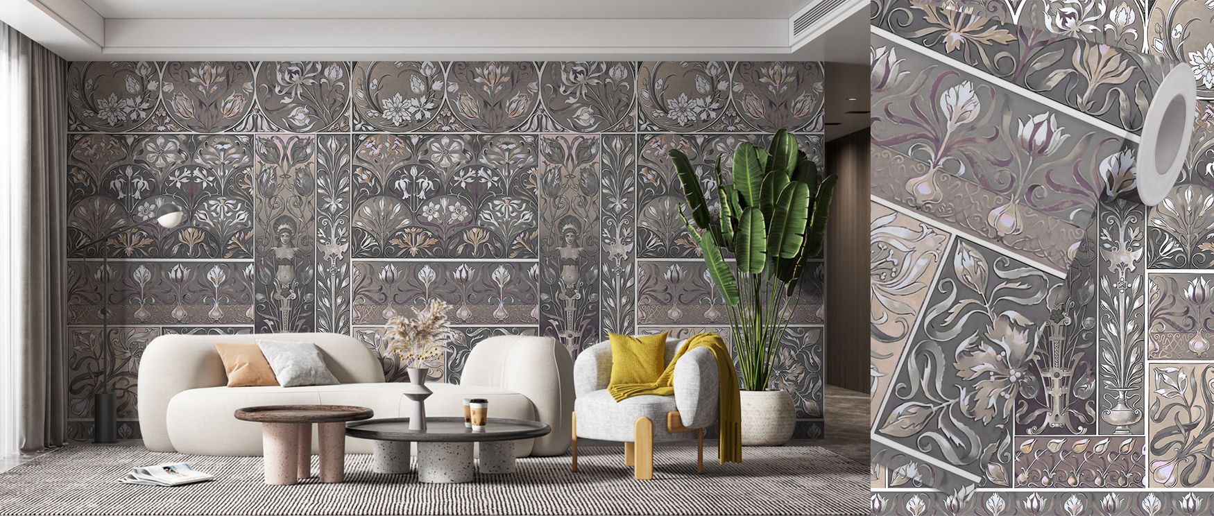 Art Deco Floral Wall Beige Wallpaper embodies calm sophistication through floral imagery. Its design reflects refinement, uplifting bedrooms, offices, or living rooms with decorative charm and artistic elegance. 