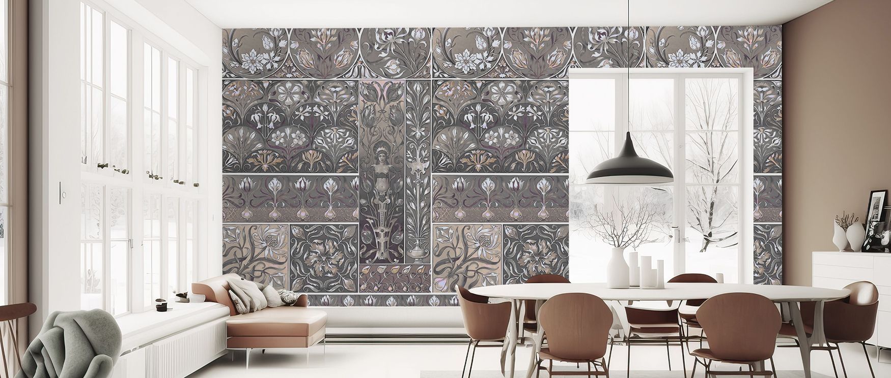 Expressive floral imagery defines the Art Deco Floral Wall Beige Wallpaper, arranged in art deco tones. Its design conveys refinement, enriching bedrooms, offices, or shared interiors with decorative artistry and modern sophistication. 
