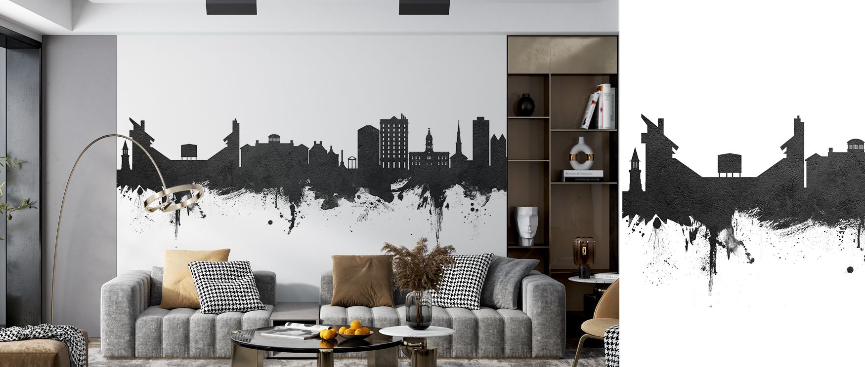 The Athens Georgia Skyline Black & White Wallpaper highlights expressive silhouettes in bold tones. Its design conveys refinement, enriching bedrooms, offices, or shared interiors with decorative artistry and cultural resonance. 