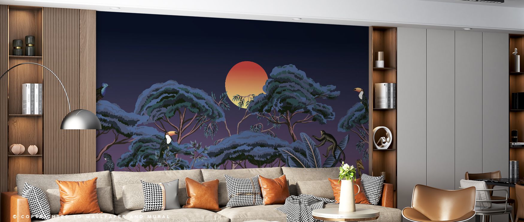 Tropical imagery defines the Awake Jungle Nights Wallpaper, arranged with lush tones. Its design conveys charm, enriching bedrooms, offices, or shared interiors with adventurous decorative rhythm and lively artistry. 