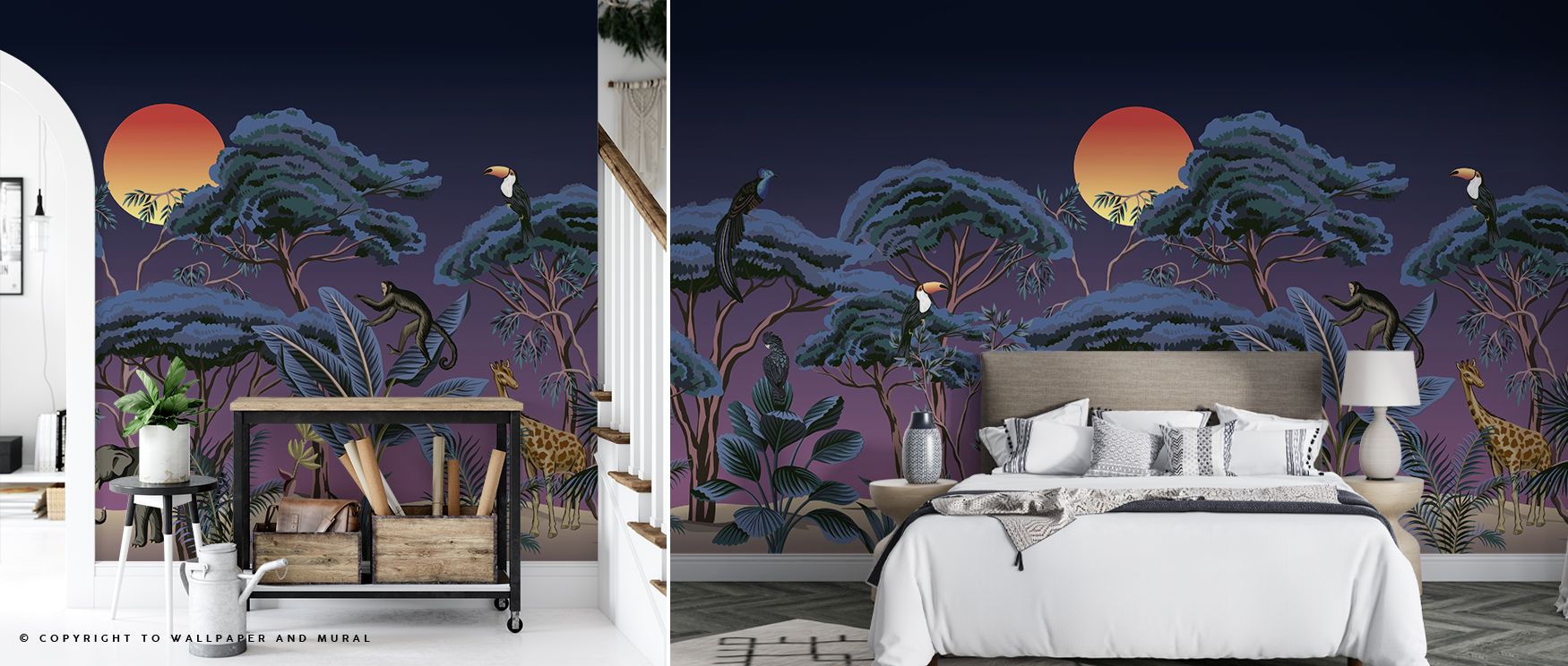 Awake Jungle Nights Wallpaper emphasizes tropical refinement with foliage and fauna arranged in balance. Its imagery conveys vibrancy, uplifting bedrooms, offices, or living areas with decorative artistry and adventurous charm. 