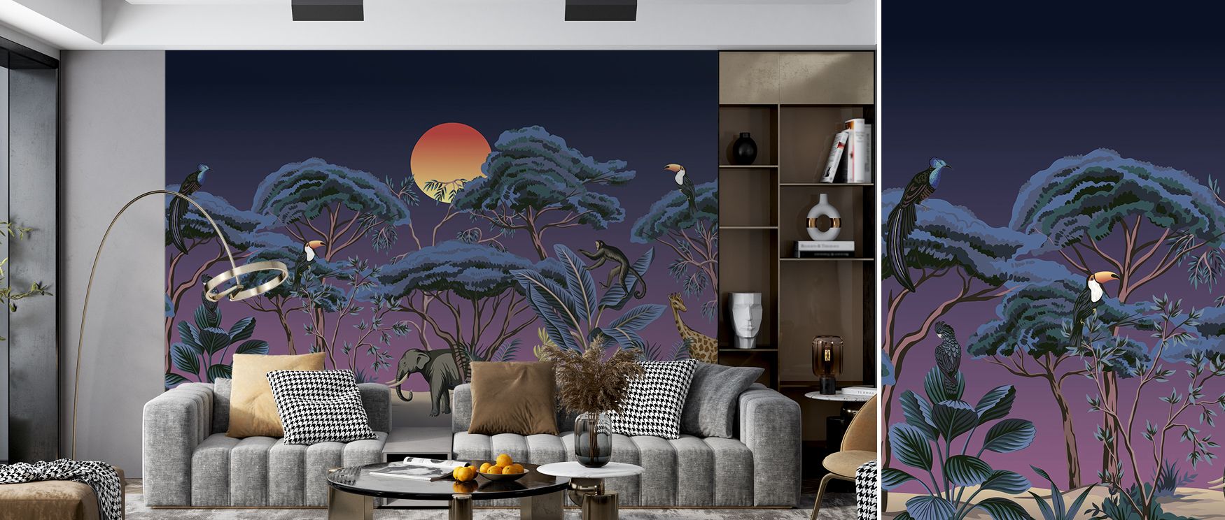 Expressive tropical imagery defines the Awake Jungle Nights Wallpaper, arranged in vibrant tones. Its design conveys refinement, enriching bedrooms, offices, or shared interiors with decorative artistry and charm. 
