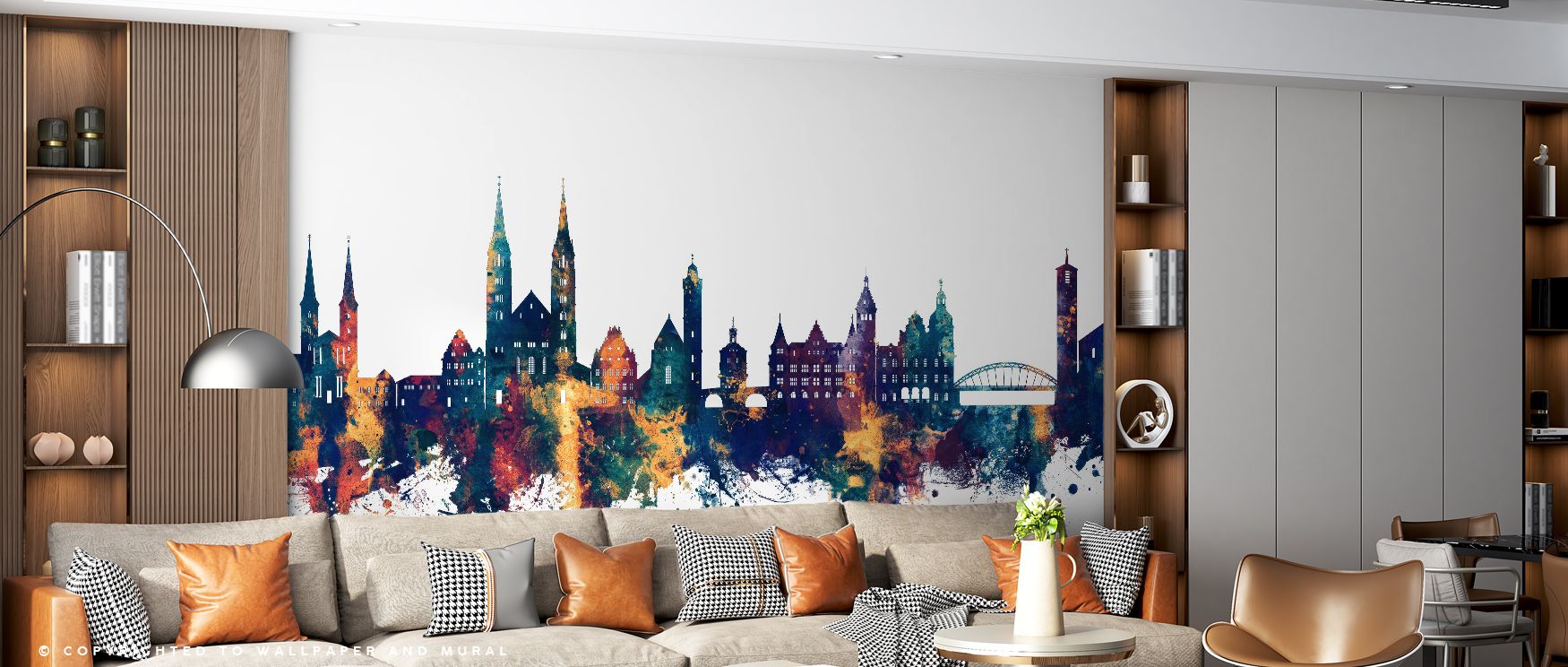 Bamberg Germany Skyline Blue & Bronze Wallpaper emphasizes balance with architectural silhouettes. Its design reflects cultural refinement, uplifting bedrooms, offices, or living areas with decorative artistry and timeless charm. 