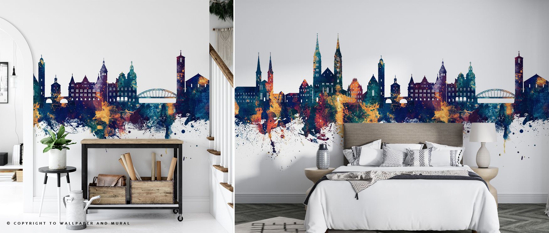 The Bamberg Germany Skyline Blue & Bronze Wallpaper highlights expressive structures in bold tones. Its imagery conveys refinement, enriching bedrooms, offices, or shared interiors with stylish decorative artistry. 