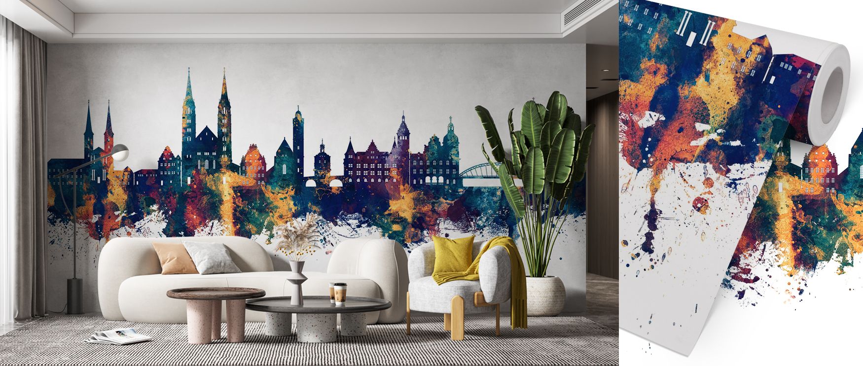Architectural forms shape the Bamberg Germany Skyline Blue & Bronze Wallpaper, arranged with bold tones. Its design conveys sophistication, enriching bedrooms, offices, or shared interiors with cultural artistry. 