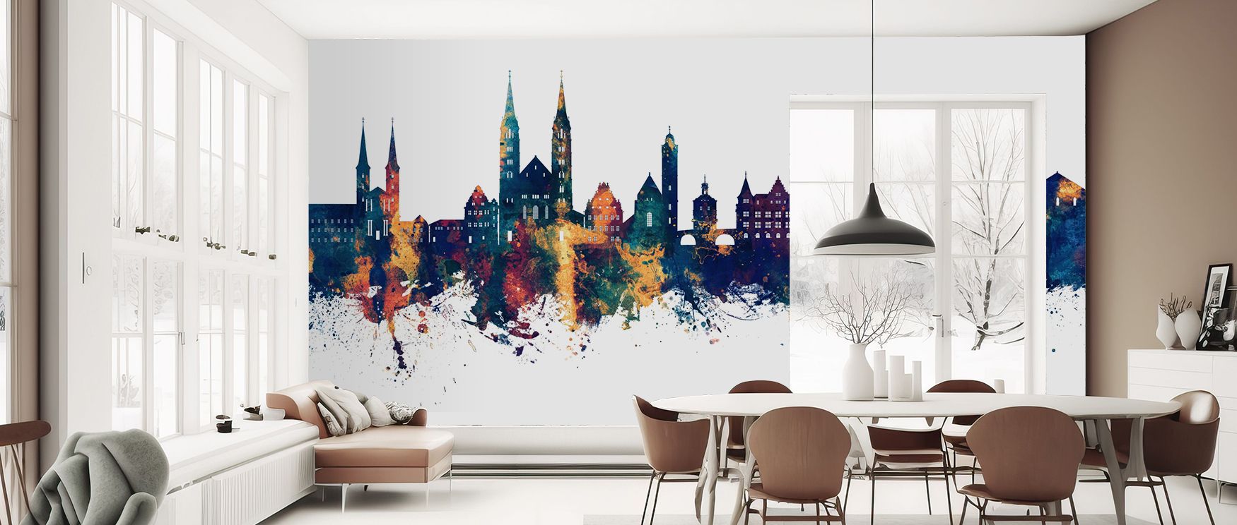 Bamberg Germany Skyline Blue & Bronze Wallpaper embodies cultural artistry with silhouettes arranged in rhythm. Its design conveys refinement, uplifting bedrooms, offices, or living rooms with decorative charm and expressive resonance. 