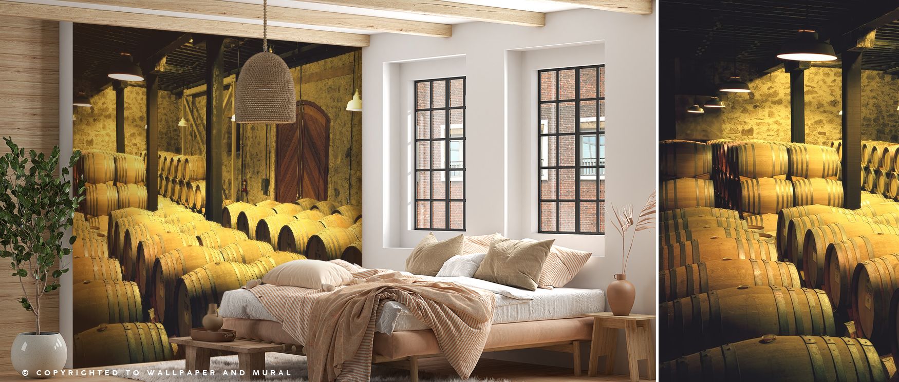 Barrels in a Cellar Wallpaper embodies nostalgia with imagery arranged in balanced tones. Its design conveys rustic artistry, uplifting kitchens, offices, or living areas with decorative refinement and heritage charm. 