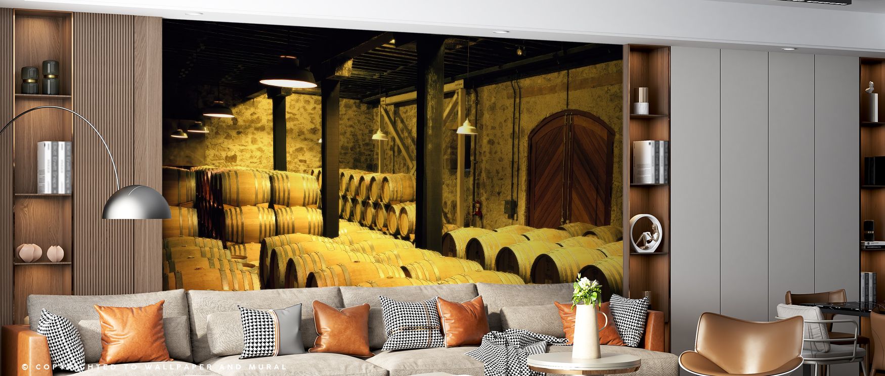 Rows of barrels define the Barrels in a Cellar Wallpaper, arranged with expressive rhythm. Its design conveys refinement, enriching kitchens, offices, or shared interiors with decorative charm and rustic artistry. 