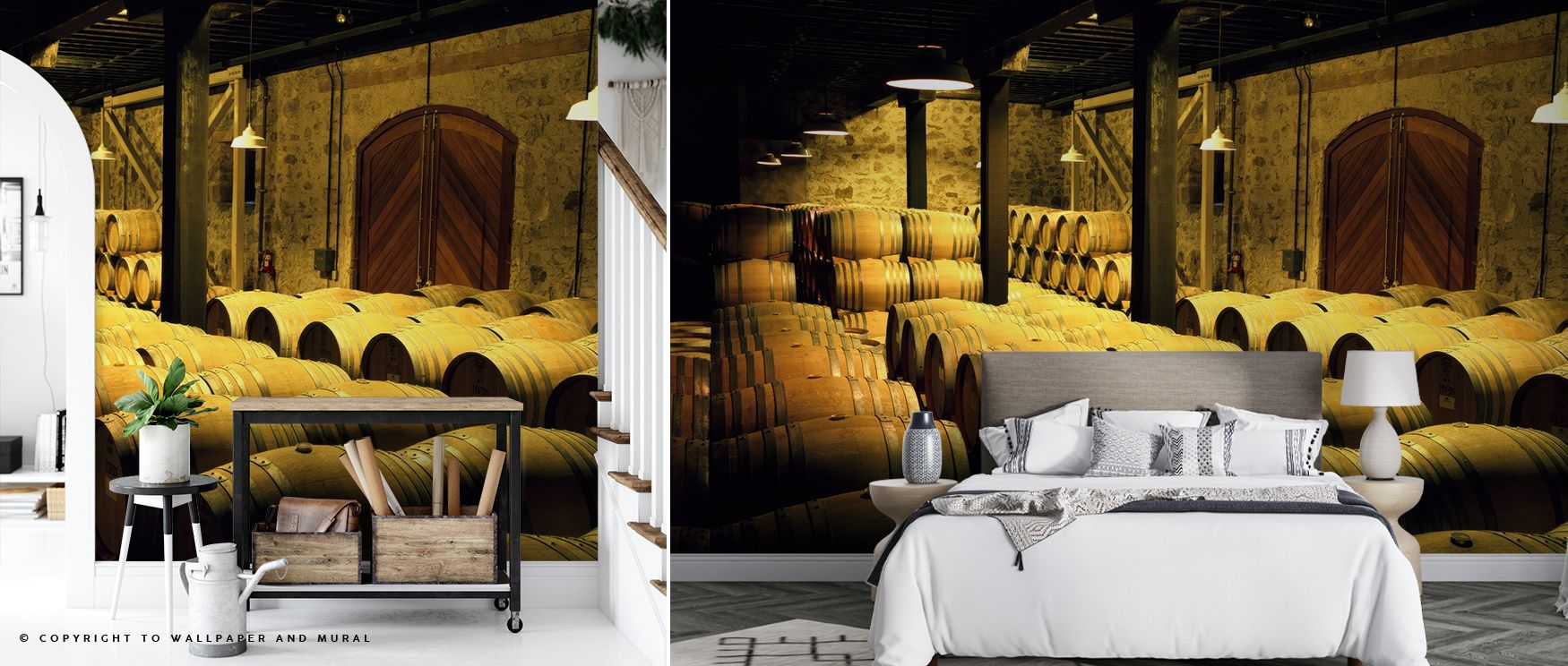Barrels in a Cellar Wallpaper illustrates rustic charm with expressive detail. Its design conveys refinement, uplifting kitchens, offices, or living rooms with decorative artistry and nostalgic resonance. 