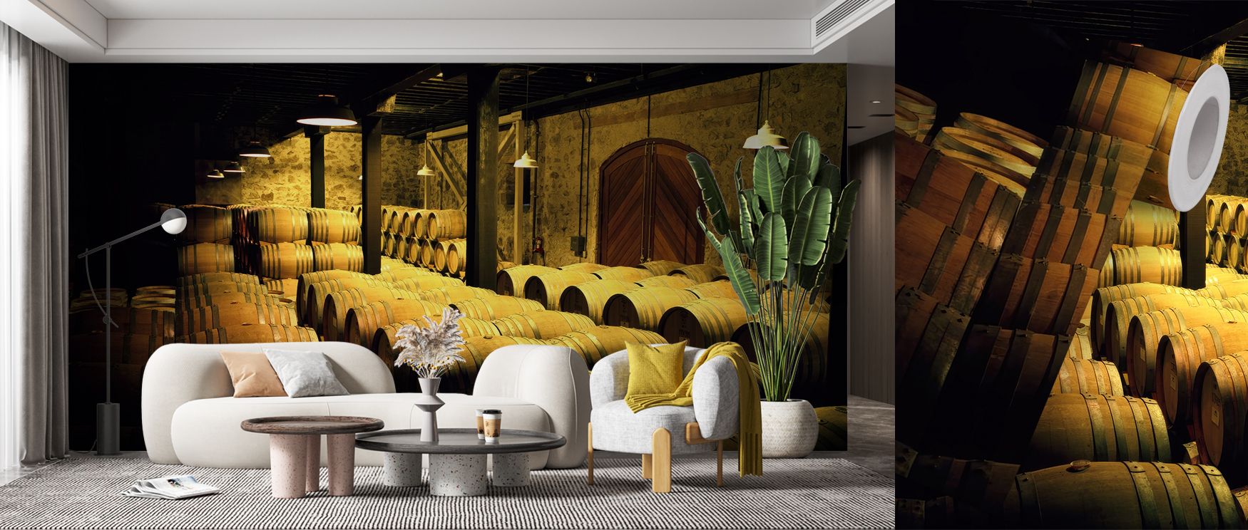 The Barrels in a Cellar Wallpaper highlights heritage imagery of barrels in rhythm. Its design conveys refinement, enriching kitchens, offices, or shared interiors with decorative charm and rustic artistry. 