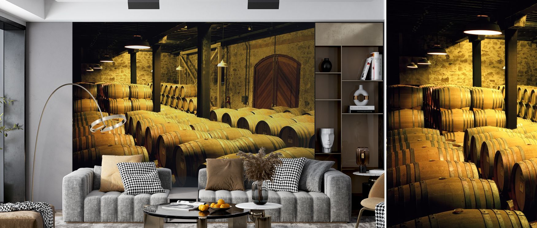 Expressive rustic imagery defines the Barrels in a Cellar Wallpaper, highlighting barrels in balance. Its design conveys refinement, uplifting kitchens, offices, or shared interiors with decorative artistry and charm. 
