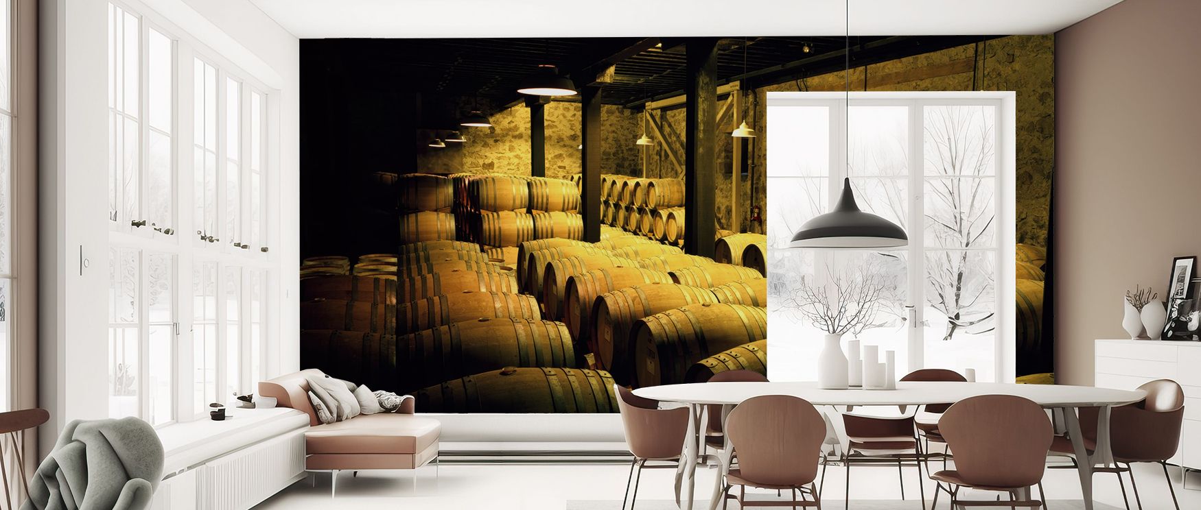 Barrels in a Cellar Wallpaper embodies rustic refinement with imagery of wine barrels. Its design reflects artistry, uplifting kitchens, offices, or living areas with decorative charm and nostalgic resonance. 