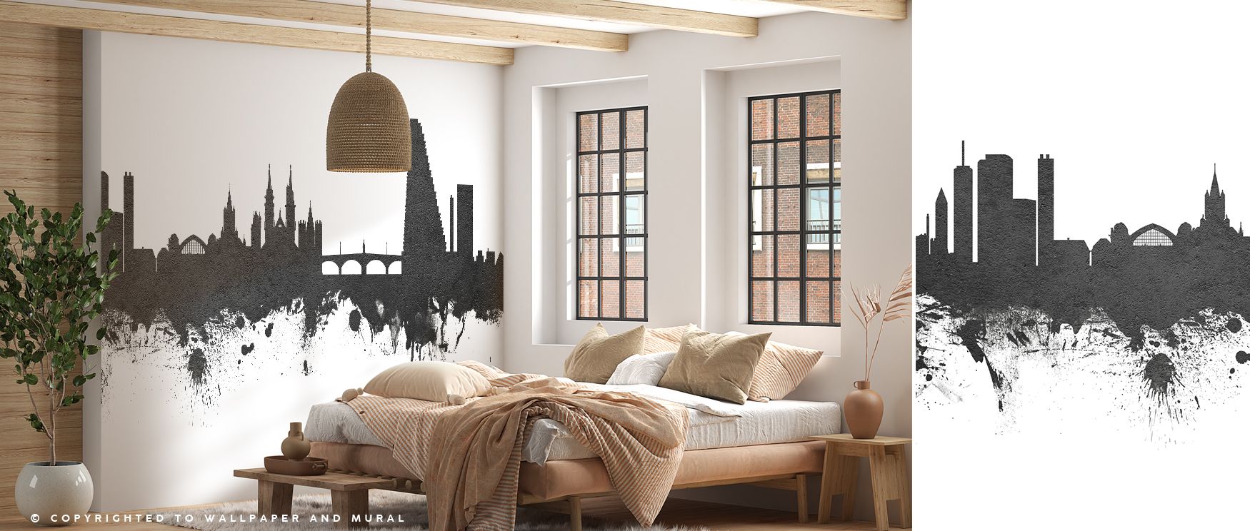 Basel Switzerland Skyline Black & White Wallpaper embodies urban charm with monochrome city silhouettes. Its design conveys refinement, uplifting bedrooms, offices, or living rooms with decorative artistry and cultural resonance. 
