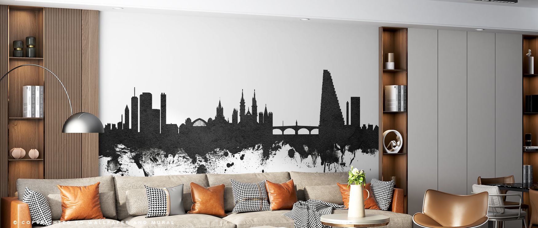 Urban silhouettes define the Basel Switzerland Skyline Black & White Wallpaper, presented in strong tones. Its design conveys cultural refinement, enriching bedrooms, offices, or shared interiors with decorative rhythm and timeless artistry. 