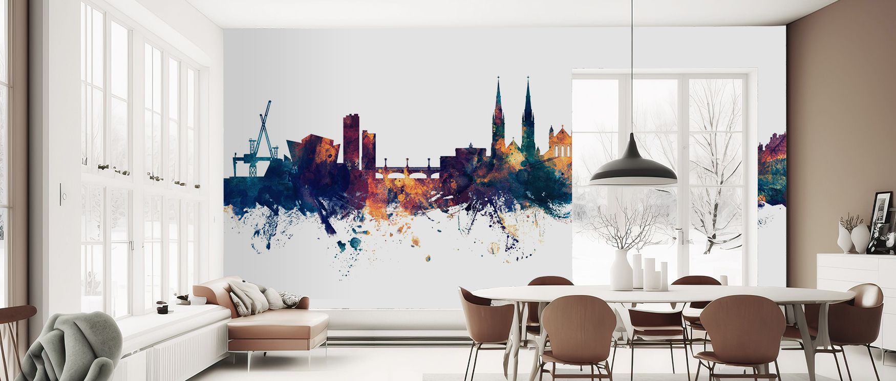 Expressive architectural imagery shapes the Belfast Northern Ireland Skyline Blue & Bronze Wallpaper, presented in bold tones. Its design conveys sophistication, enriching bedrooms, offices, or shared interiors with decorative artistry and cultural resona
