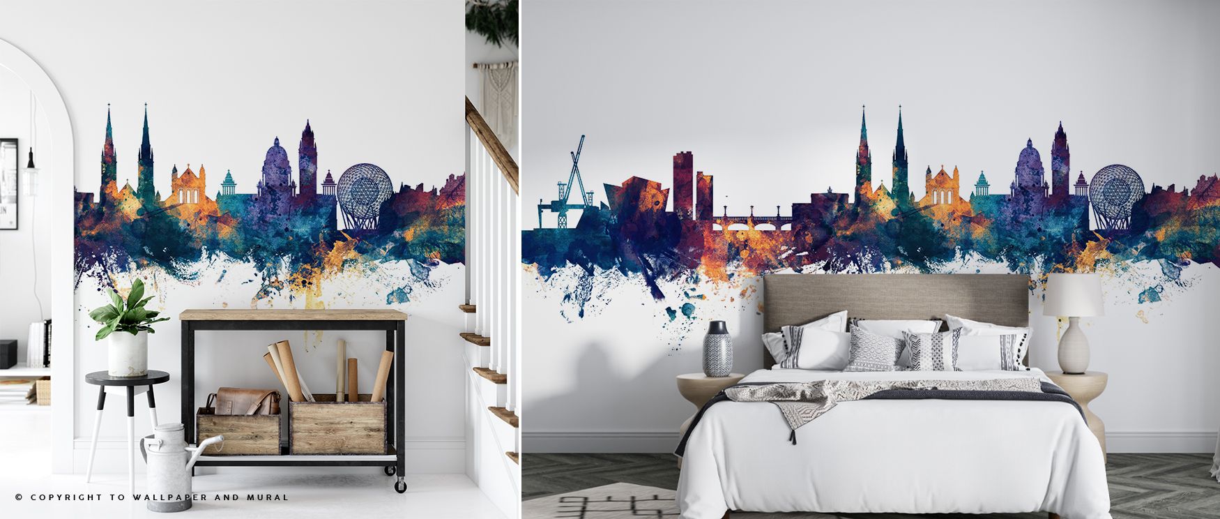 Belfast Northern Ireland Skyline Blue & Bronze Wallpaper embodies modern resonance with architectural detail. Its design conveys refinement, uplifting bedrooms, offices, or living rooms with decorative artistry and cultural charm. 