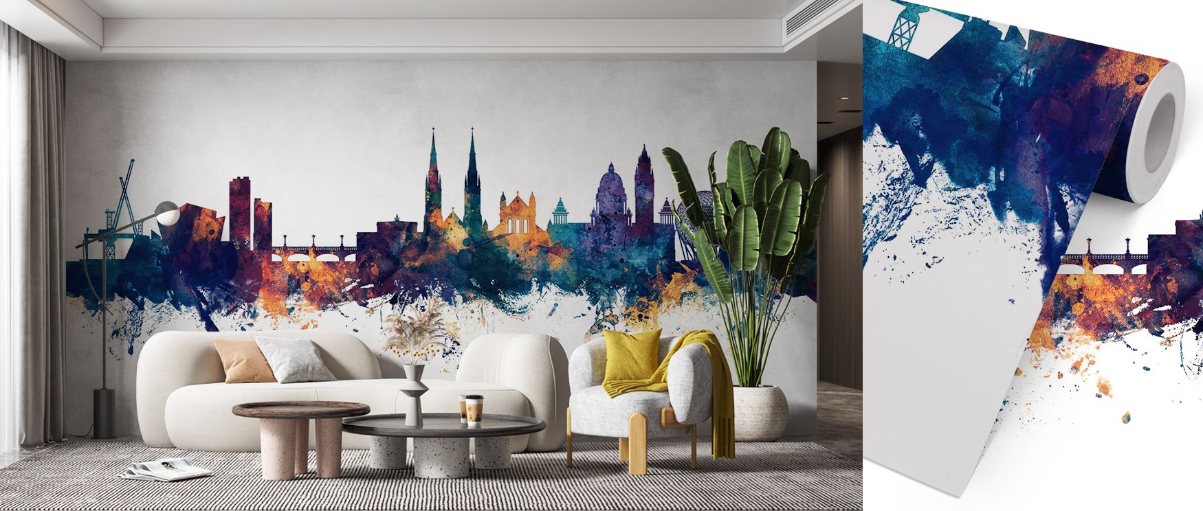 Belfast Northern Ireland Skyline Blue & Bronze Wallpaper emphasizes cultural charm with expressive tones. Its design conveys refinement, uplifting bedrooms, offices, or living areas with decorative artistry and stylish resonance. 