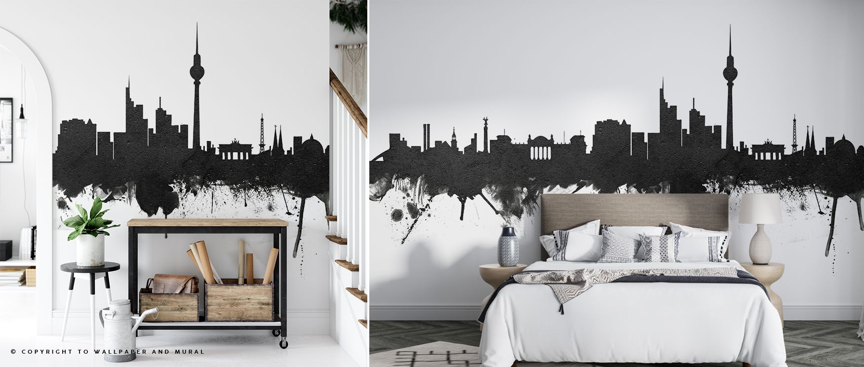 Expressive silhouettes define the Berlin Skyline Black & White Wallpaper, arranged in strong rhythm. Its design conveys refinement, enriching bedrooms, offices, or shared interiors with decorative artistry and stylish resonance. 