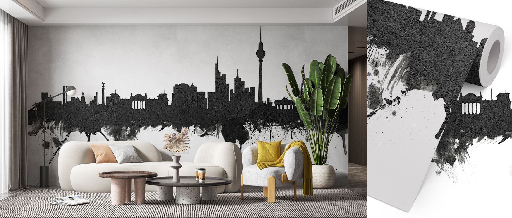 Berlin Skyline Black & White Wallpaper emphasizes urban artistry with architectural forms in bold tones. Its design conveys refinement, uplifting bedrooms, offices, or living rooms with decorative charm and cultural resonance. 
