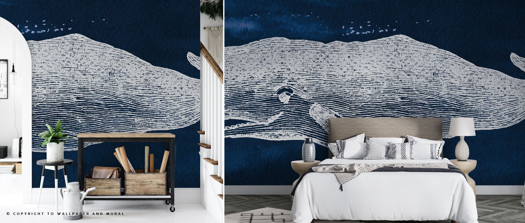 Big Whale Wallpaper emphasizes balance with whale imagery in rhythmic tones. Its design conveys refinement, uplifting bedrooms, offices, or living rooms with decorative artistry and oceanic charm. 