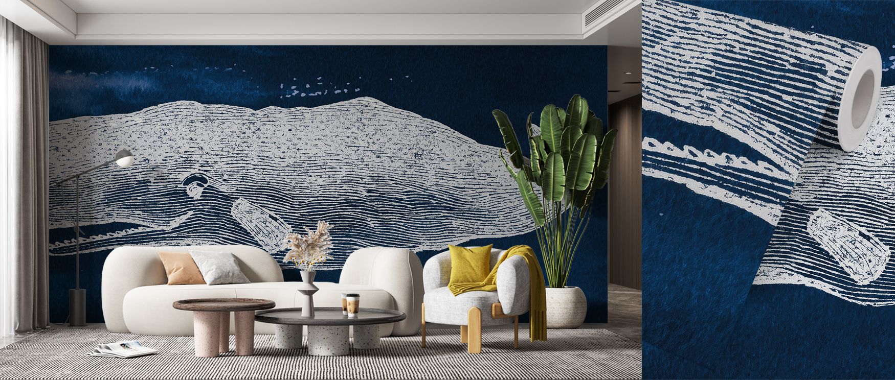 The Big Whale Wallpaper highlights natural forms illustrated in expressive tones. Its design conveys resonance, enriching bedrooms, offices, or shared interiors with decorative artistry and marine refinement. 