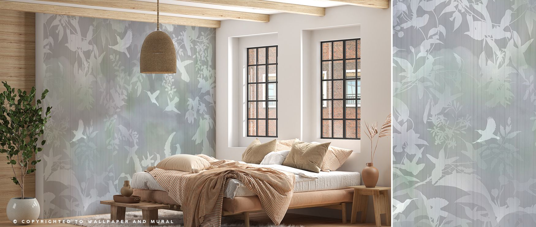 Birds in the Fog Blue Wallpaper embodies poetic artistry with misty imagery. Its design conveys refinement, uplifting bedrooms, offices, or living spaces with decorative artistry and calm resonance. 