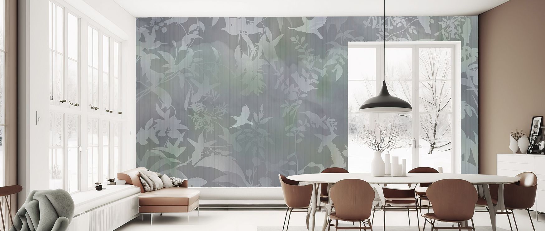 Birds in the Fog Blue Wallpaper embodies decorative charm through misty imagery. Its design conveys refinement, uplifting bedrooms, offices, or living rooms with decorative artistry and calm resonance. 