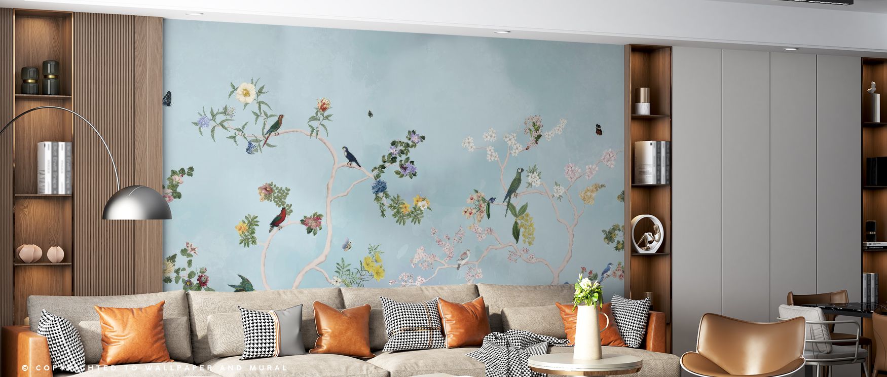 Birds in the Garden Blue Wallpaper emphasizes decorative balance with avian imagery in soft tones. Its design conveys serenity, uplifting bedrooms, offices, or living rooms with decorative artistry and poetic resonance. 