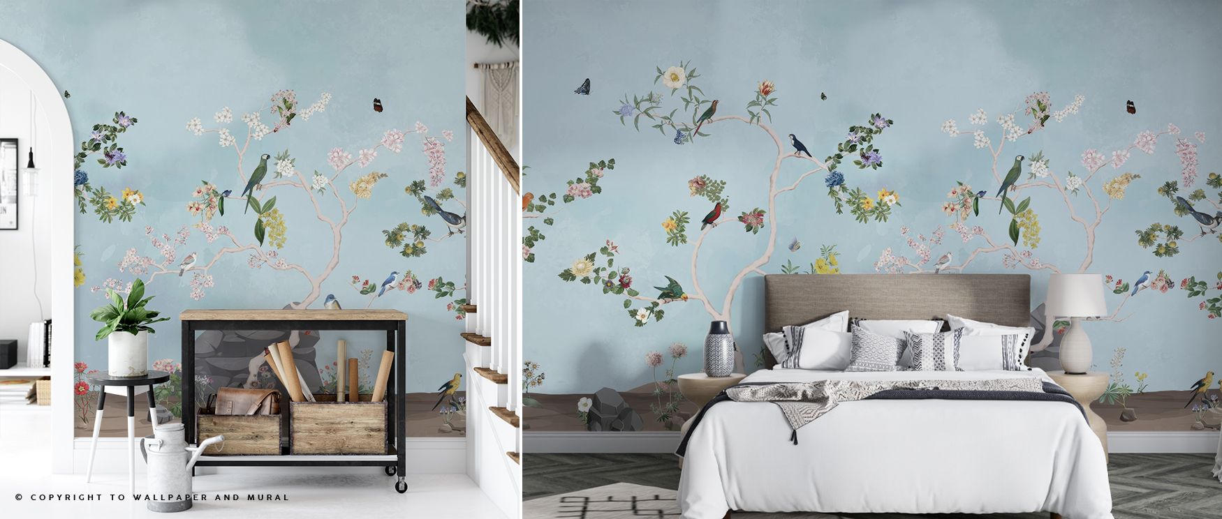 The Birds in the Garden Blue Wallpaper highlights natural charm with expressive avian imagery. Its design conveys refinement, enriching bedrooms, offices, or shared interiors with decorative artistry and lively presence. 