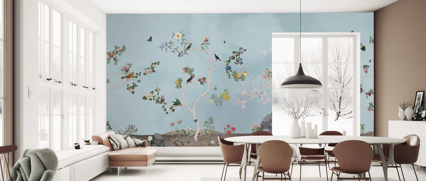 Expressive avian tones define the Birds in the Garden Blue Wallpaper, arranged with harmony. Its design conveys refinement, enriching bedrooms, offices, or shared interiors with decorative artistry and natural resonance. 