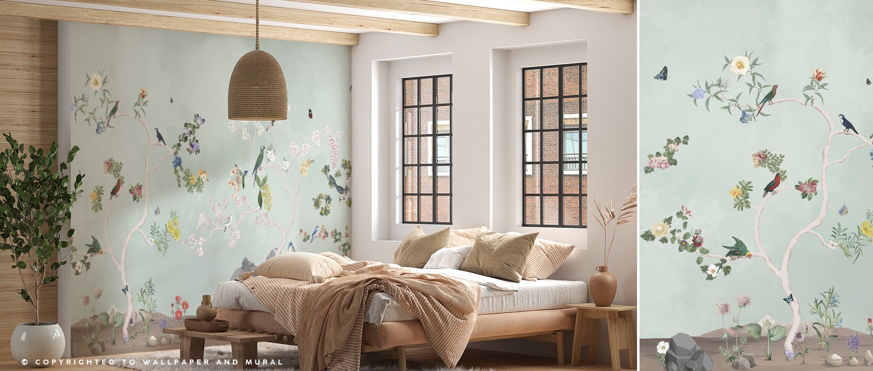 Graceful bird imagery defines the Birds in the Garden Mint Wallpaper, arranged with refreshing tones. Its design conveys refinement, enriching bedrooms, offices, or shared interiors with decorative artistry and poetic charm. 
