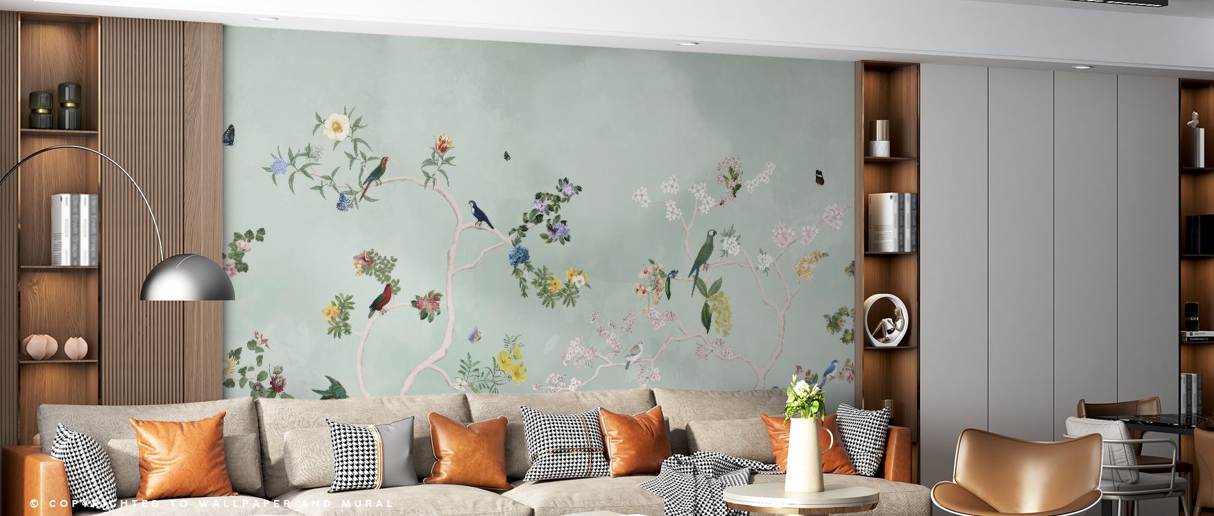 Birds in the Garden Mint Wallpaper emphasizes liveliness and serenity through avian imagery. Its design conveys refinement, uplifting bedrooms, offices, or living rooms with decorative artistry and natural resonance. 
