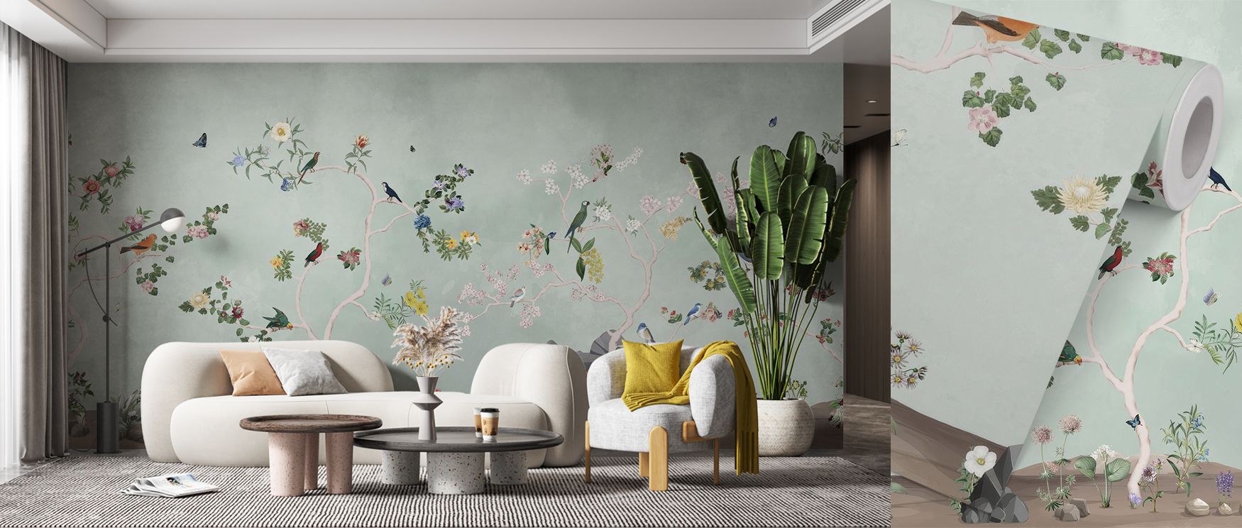 The Birds in the Garden Mint Wallpaper highlights refreshing tones with expressive bird imagery. Its design conveys refinement, enriching bedrooms, offices, or shared interiors with decorative artistry and poetic presence. 